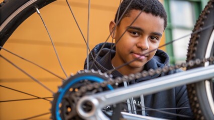 teen community service concept. Young boy inspecting a bicycle wheel with focus and concentration.