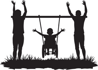 Family playing on a swing with child in wheelchair