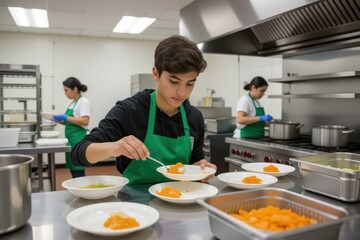 teen community service concept. Culinary team preparing dishes in a commercial kitchen setting.