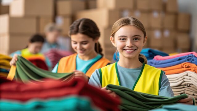 teen community service concept. Volunteers organizing colorful clothing in a warehouse setting.