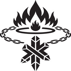 Black and white emblem featuring a flame above a ring chain and geometric star design element