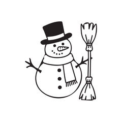  Happy Snowman with Scarf, Top Hat, and Broom Simple Line Art Design.