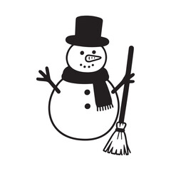  Happy Snowman with Scarf, Top Hat, and Broom Simple Line Art Design.
