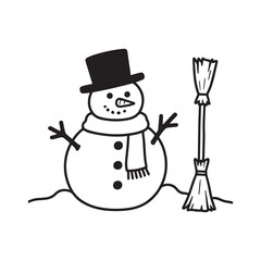  Happy Snowman with Scarf, Top Hat, and Broom Simple Line Art Design.