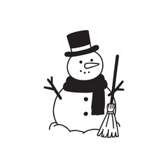  Happy Snowman with Scarf, Top Hat, and Broom Simple Line Art Design.