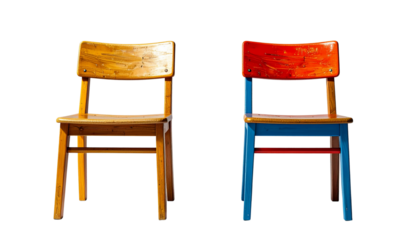 Two wooden school chairs for children isolated on transparent background