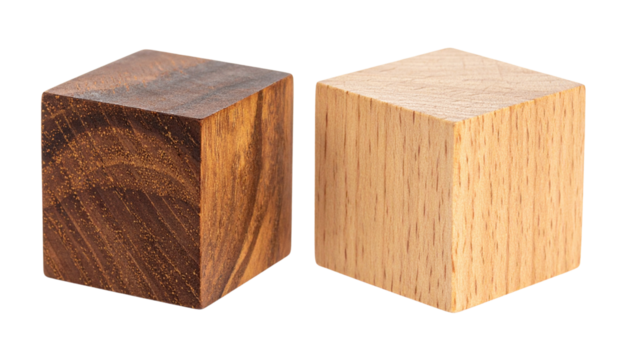 Two wooden cubes in different finishes isolated on transparent background