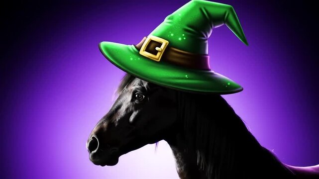 Black horse wearing green witch hat on purple background halloween fantasy concept
