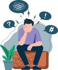 Anxiety and Mental Health Stress Vector Illustration of Depressed Man