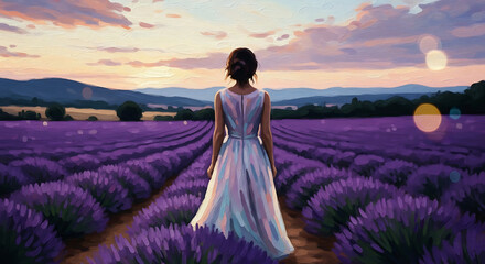 Illustration of a woman in a white dress standing in a lavender field at sunset watercolor style
