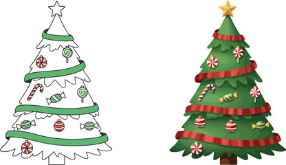 Christmas tree coloring page and festive decorated version, holiday candy ornaments, star topper comparison illustration for kids, flat vector