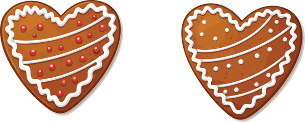 Flat vector illustration of heart shaped gingerbread cookies with icing, candy decoration, festive holiday dessert, sweet treat design elements