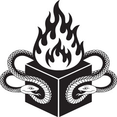 Dramatic black and white image features snakes coiled around a mysterious cube with flames rising above