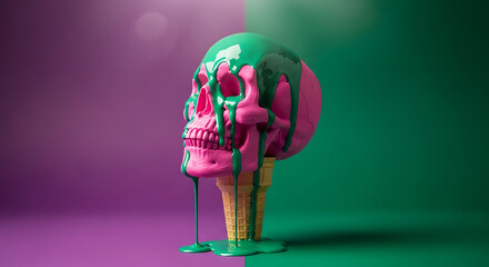 Illustration of pink skull with green dripping paint on ice cream cone in surreal style