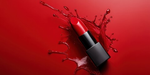 A red lipstick is on a red background with a splash of red paint