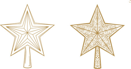 Flat vector illustration of star shaped tree toppers with gold swirl and geometric design, festive holiday decoration, elegant seasonal concept