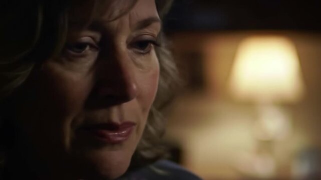 Emotional close up portrait of a sad pensive mature woman feeling lonely and worried at home in a dimly lit room