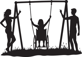 Silhouette of people on playground swing with child in wheelchair