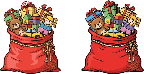 Flat vector illustration of red gift sacks filled with toys, presents, teddy bear, doll, festive holiday decoration, celebration design elements