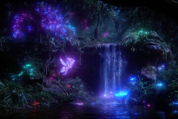 Obraz premium Fantasy forest scene, glowing flora and fauna