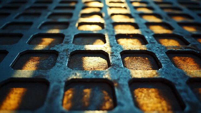 Close-up of weathered metallic grate with glowing warm light underneath