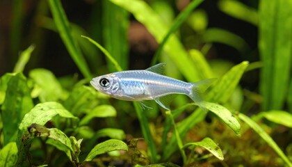 Transparent Tetra Fish in Aquarium with Underwater Closeup.