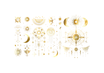 set of Mystic Line Art, Golden Foil, Boho Minimal Spiritual & My