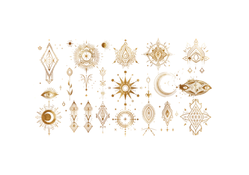 set of Mystic Line Art, Golden Foil, Boho Minimal Spiritual & My