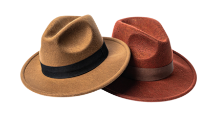 Pair of knitted winter hats in vibrant colors isolated on transparent background