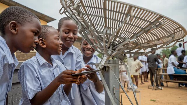 African school boys outdoors adjusting satellite internet dish, exploring technology and communication for education and learning in rural school with engaged students in uniform background