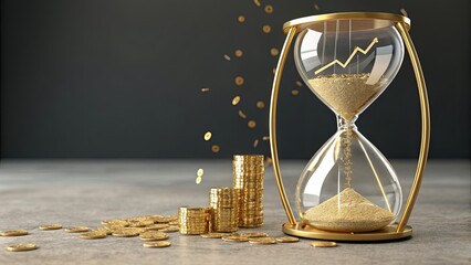 Golden hourglass with rising chart and stacked coins symbolizes time-driven wealth growth, investment returns, and financial planning against a sleek modern backdrop.