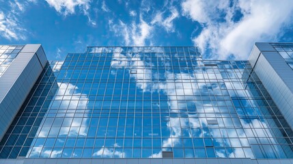 A low-angle view of a modern glass skyscraper reflecting a vibrant blue sky and fluffy white clouds, showcasing sleek architecture and urban design.