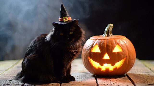 Black cat wearing witch hat sitting beside carved halloween pumpkin on wooden table
