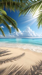 Tropical Beach With Palm Tree Shadows On Golden Sand And Turquoise Ocean Waves Under Bright Sunny Blue Sky