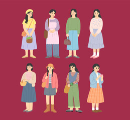 women in modern outfits, carrying flowers, carrying baskets.