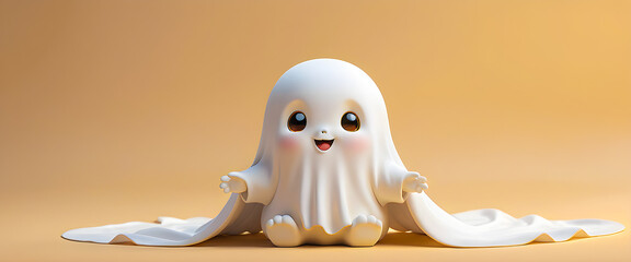 Cute ghost character with soft golden beige tones. Adorable smiling spirit with flowing white cloth. Charming ghost illustration with big eyes and blush. Warm pastel artwork of a cute friendly ghost.