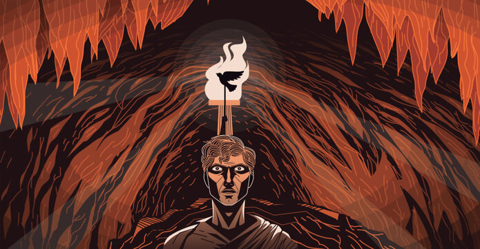 plato allegory of the cave with man watching shadow illusion created by a flame