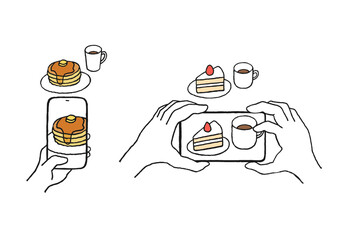 スマホでスイーツを撮影している手描きイラスト