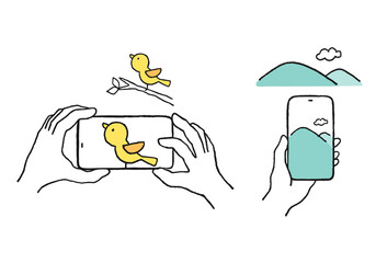 スマホで山や鳥を撮影している手描きイラスト