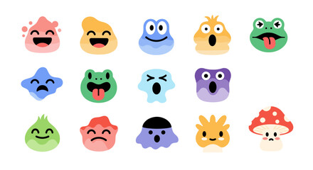 Obraz premium A charming collection of cute and colorful cartoon monster faces expressing a range of emotions and styles.