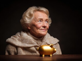 Elderly woman gazing at golden piggy bank intimate setting portrait reflective mood