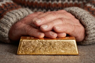 Elderly couple holding hands over golden financial asset personal space close-up shot warm atmosphere