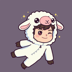 Person in fluffy white sheep costume winking with sparkles around the head, wearing dark gloves and boots, set against a purple background.