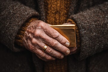 Elderly man holding gold ring and savings home close-up warm lighting financial security concept
