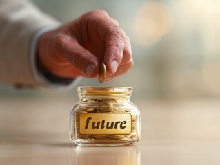 Investment action man depositing coin into future fund jar indoor environment close-up shot