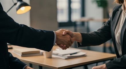 A close-up shot of a professional handshake between a man and a woman in business suits across a desk. This image symbolizes agreement, partnership, signing a deal, merger and acquisition