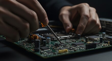 Close-up of a technician's hands meticulously working on a green circuit board with a precision screwdriver, repairing or assembling electronic com...