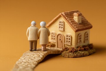 Senior couple walking on golden path towards home cozy environment heartwarming concept close-up view