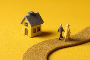 Senior couple walking on golden path towards home cozy environment heartwarming scene