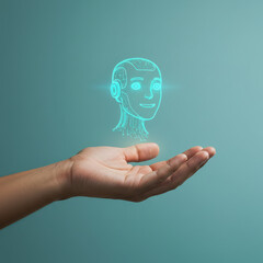 A human hand gently holding a glowing holographic robot head above it.
